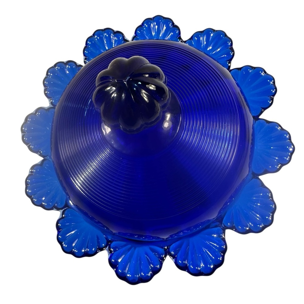 Mosser Cobalt Blue Round Candy Dish 3 Footed With Dome Lid New USA